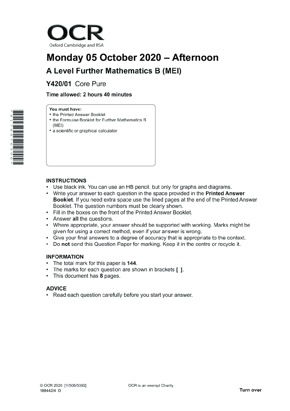 Preview image for Further Mathematics B (MEI) Y420/01: Core Pure Advanced GCE QUESTION PAPER for November 2020
